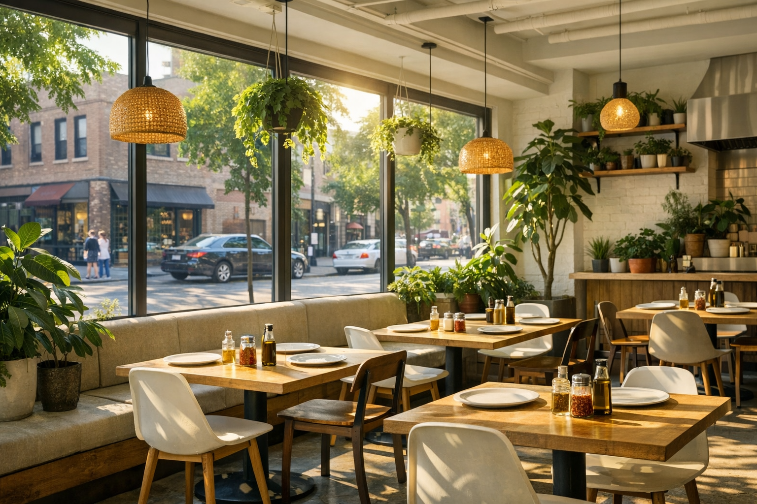 Pizzeria interior with large windows and natural light