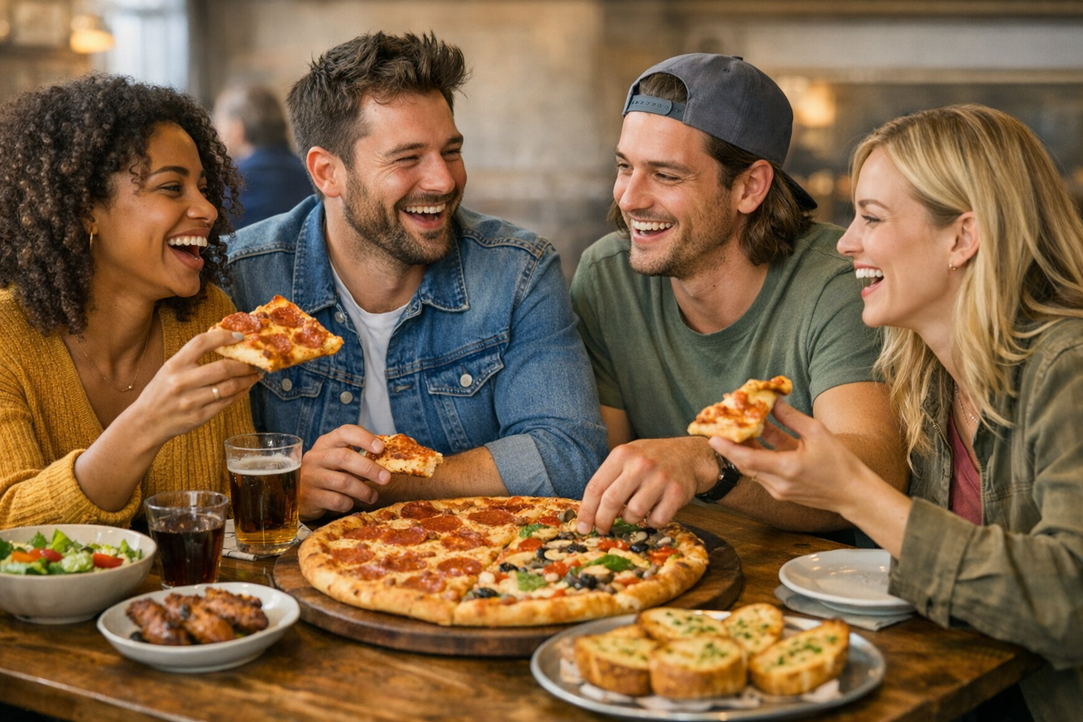Group of friends eating pizza together at table