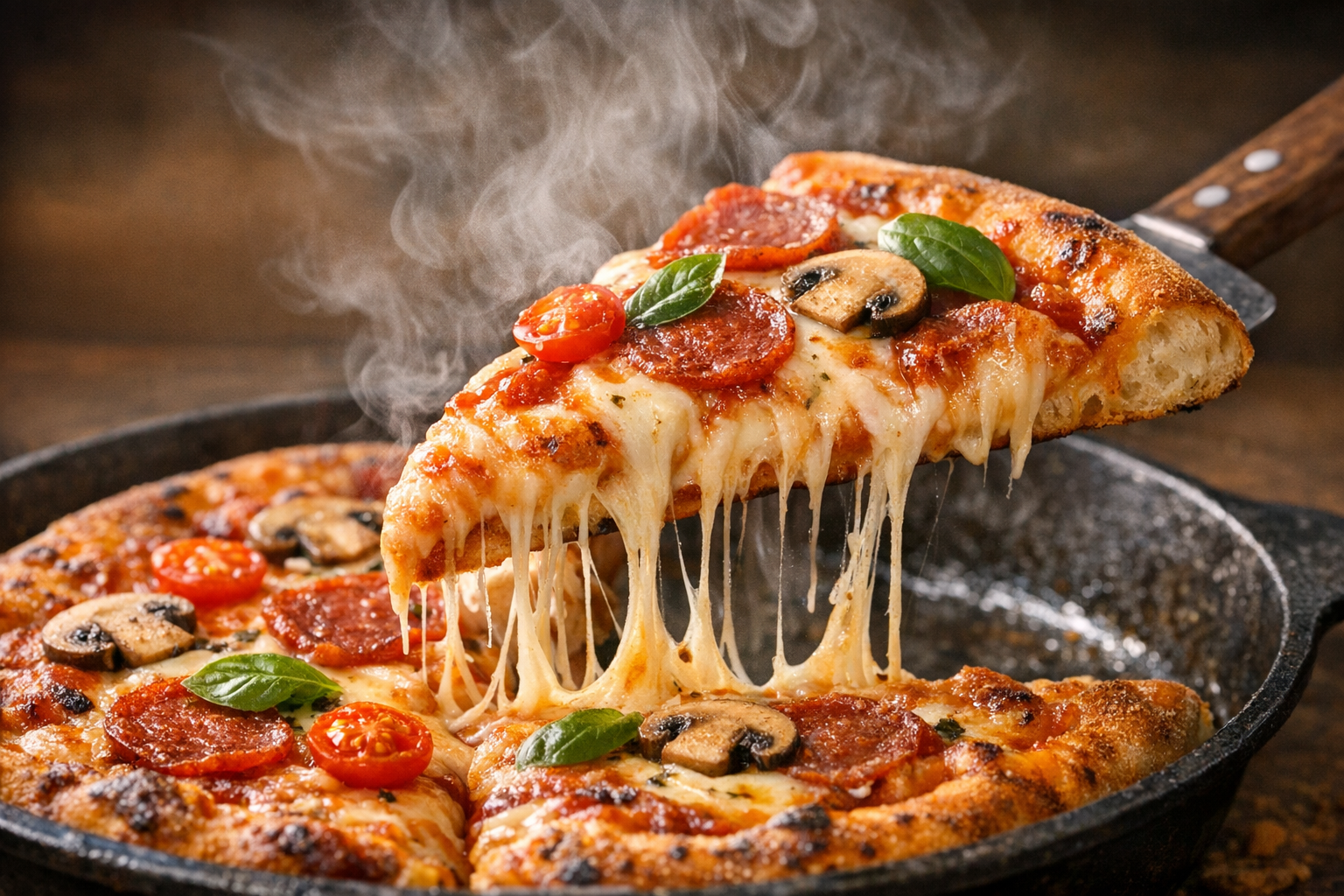Close-up of fresh pizza slice being lifted from pan