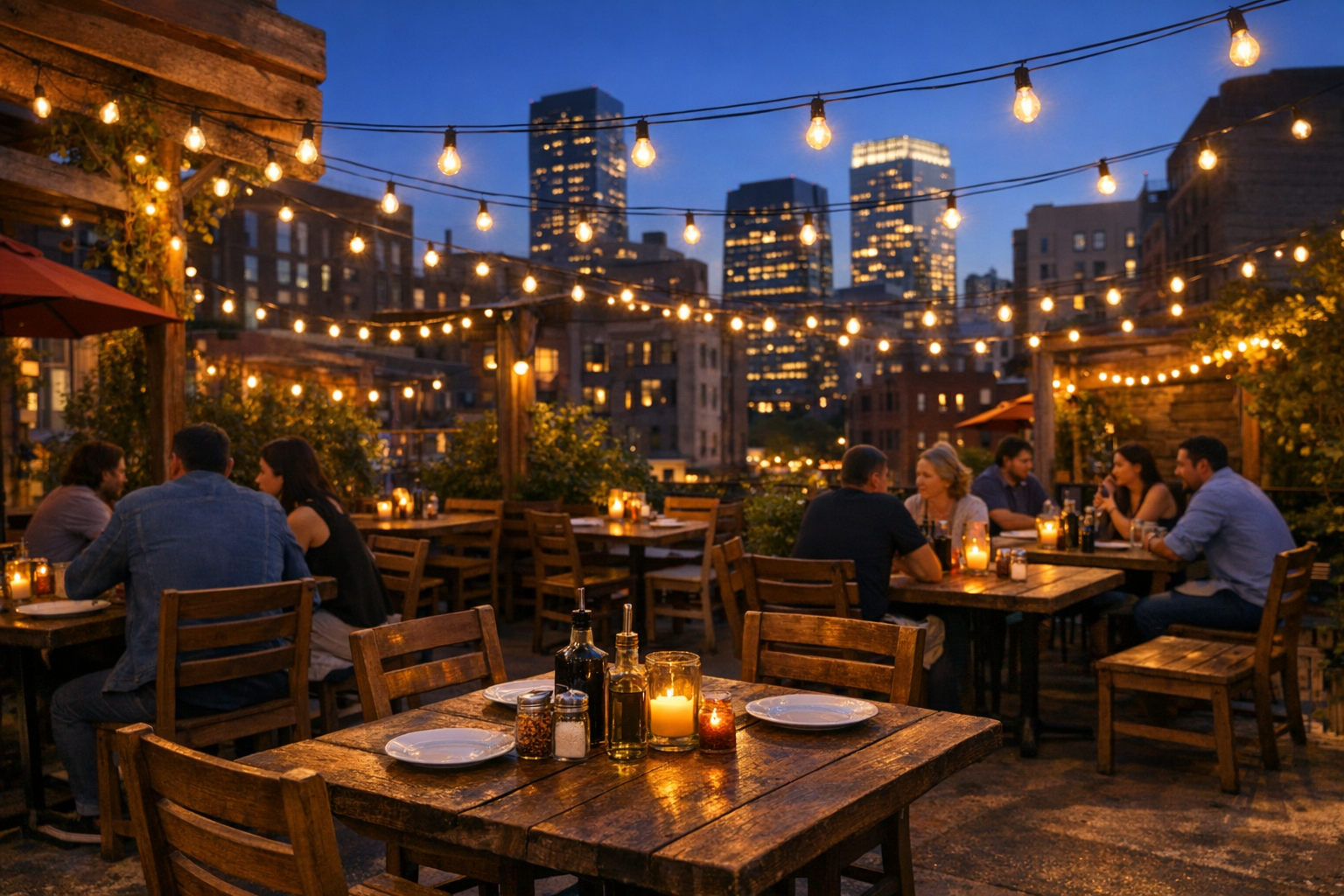 Pizzeria outdoor patio seating with string lights