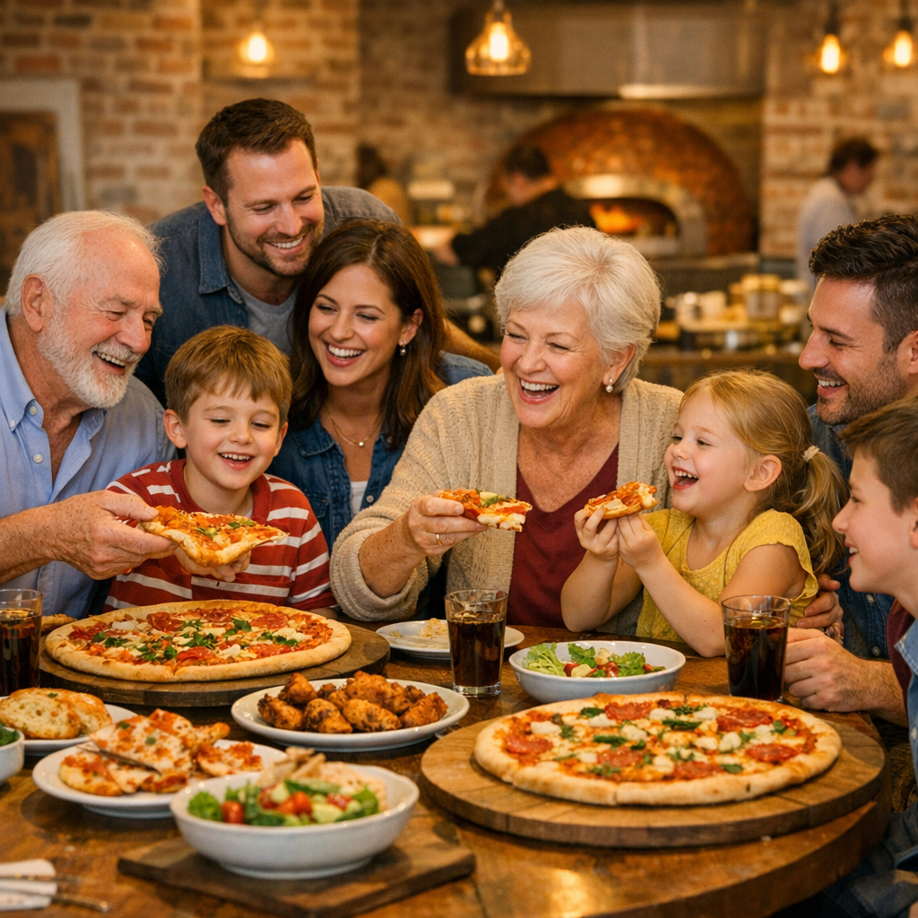 Family gathering at pizzeria