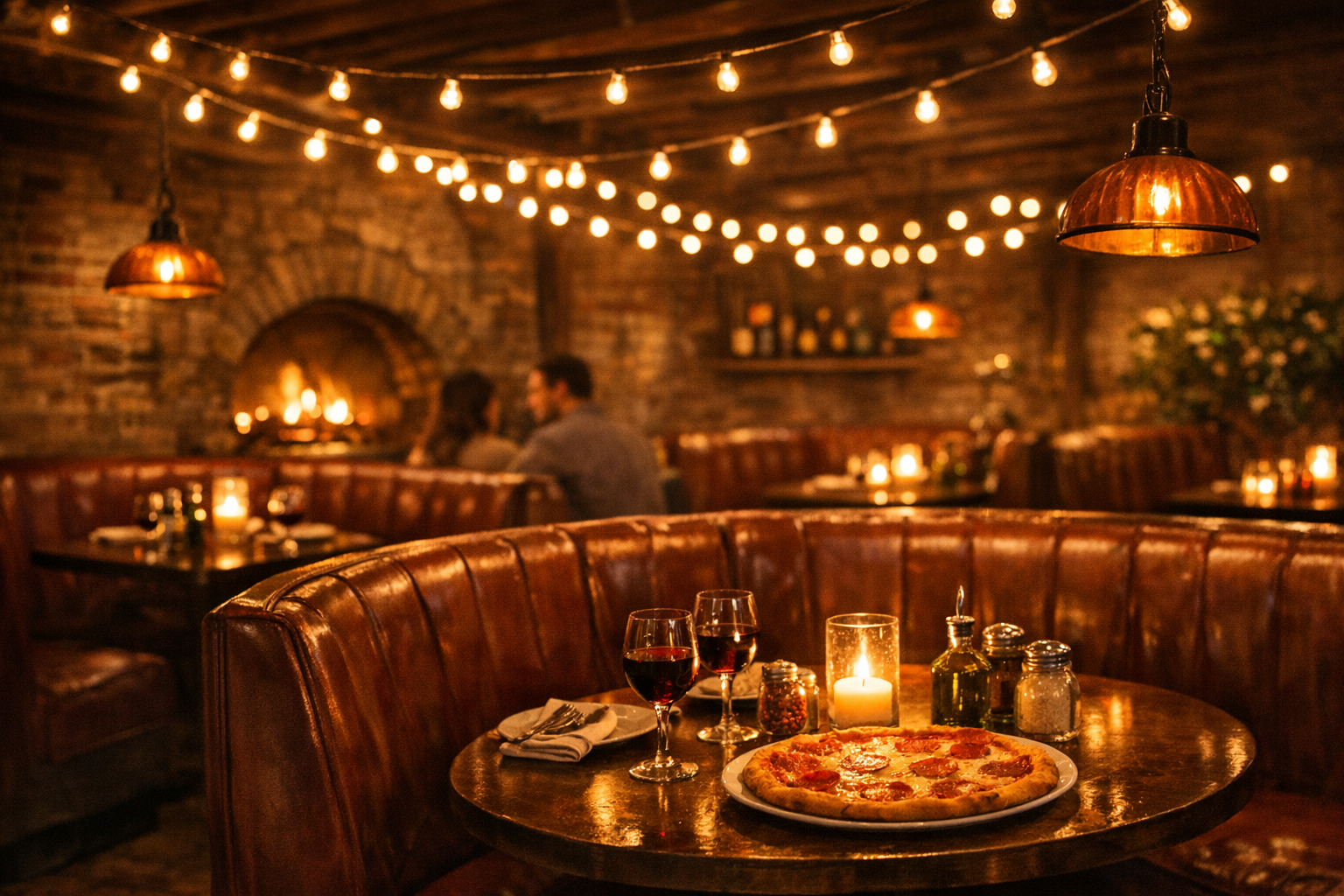 Pizzeria evening atmosphere with warm ambient lighting