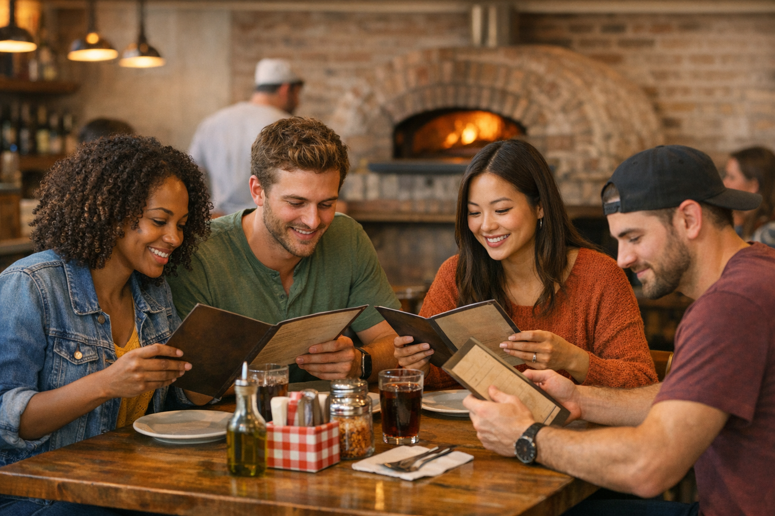 People seated at pizzeria table looking at menus
