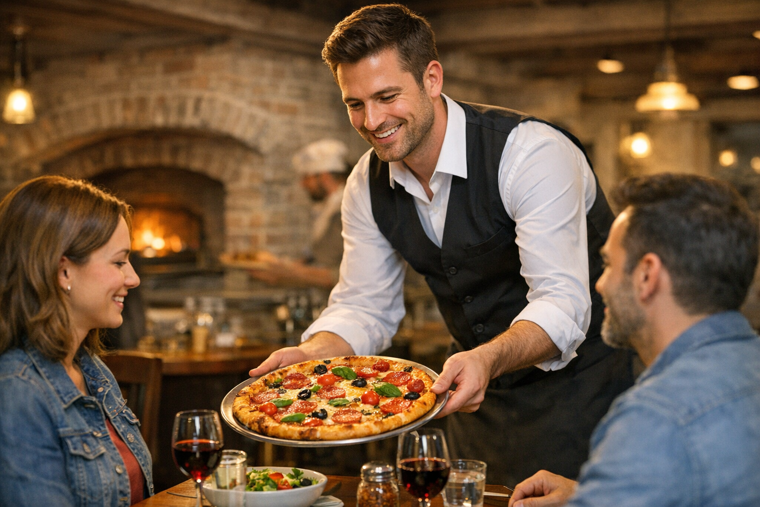 Waiter serving pizza to table